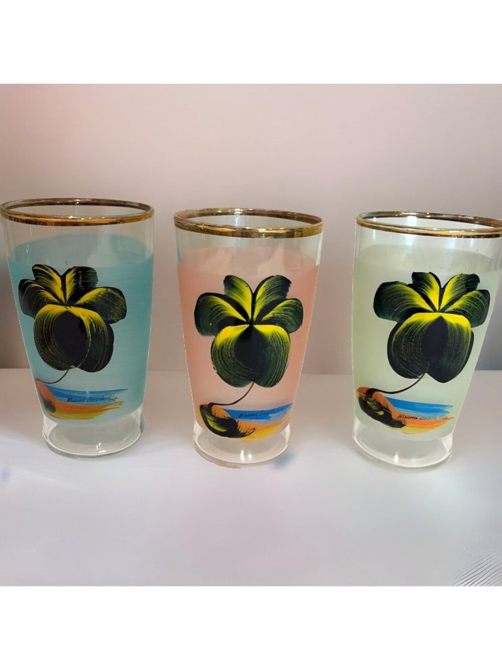 Vintage Miami Beach Florida Frosted Tumblers Set Of 3 Palm Trees Souvenir Tiki